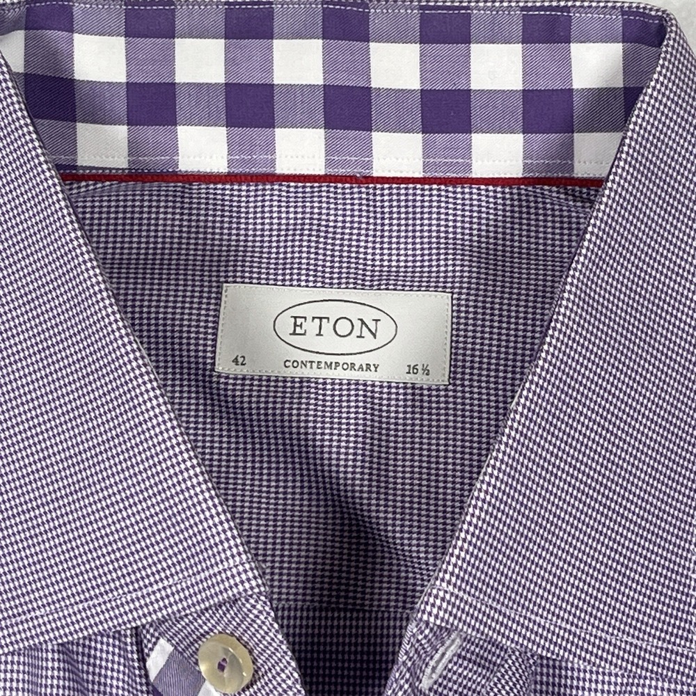 Eton Shirt Men's Size 16.5 42 Contemporary Fit Dress Purple Micro Check Cotton - Picture 2 of 8